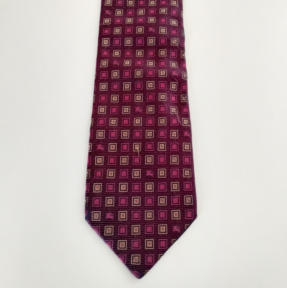 Burberry London Silk Tie Burgundy Geometric Square Equestrian Knight Jacquard